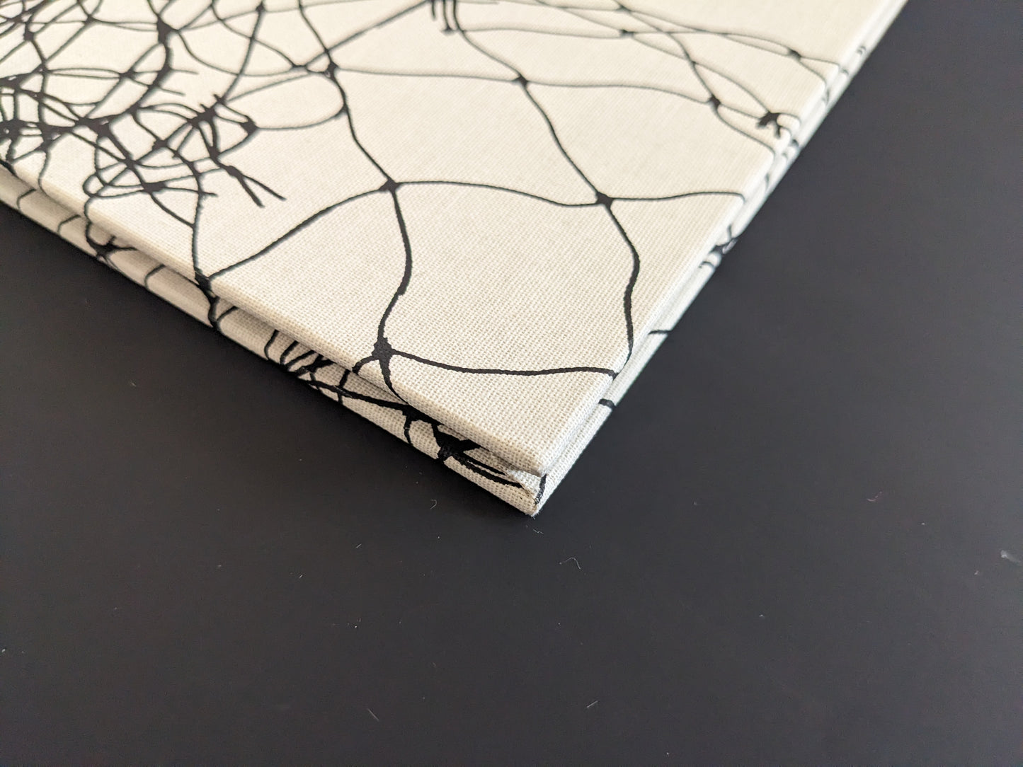 Corner of the spine with fabric wear on the hardcover binding of Pigeons by Stephen Gill.
