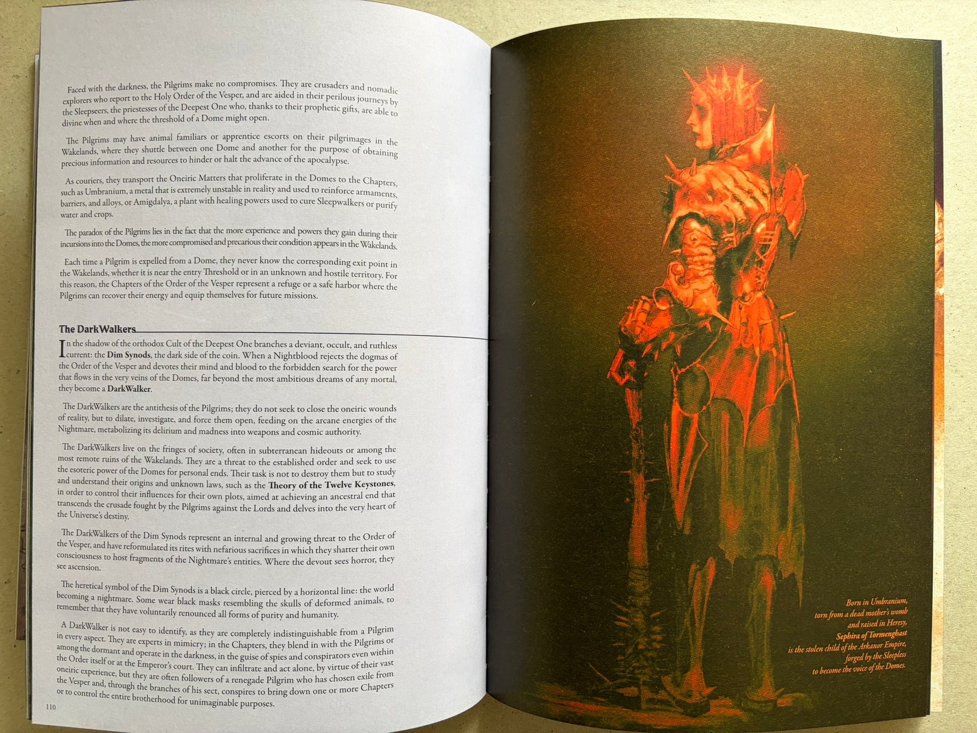 Open spread with a red-lit figure on the right and text about the Dark Walkers on the left