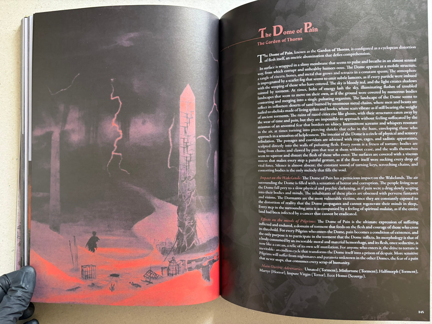 Open spread titled The Dome of Pain, with a dark landscape illustration on the left page