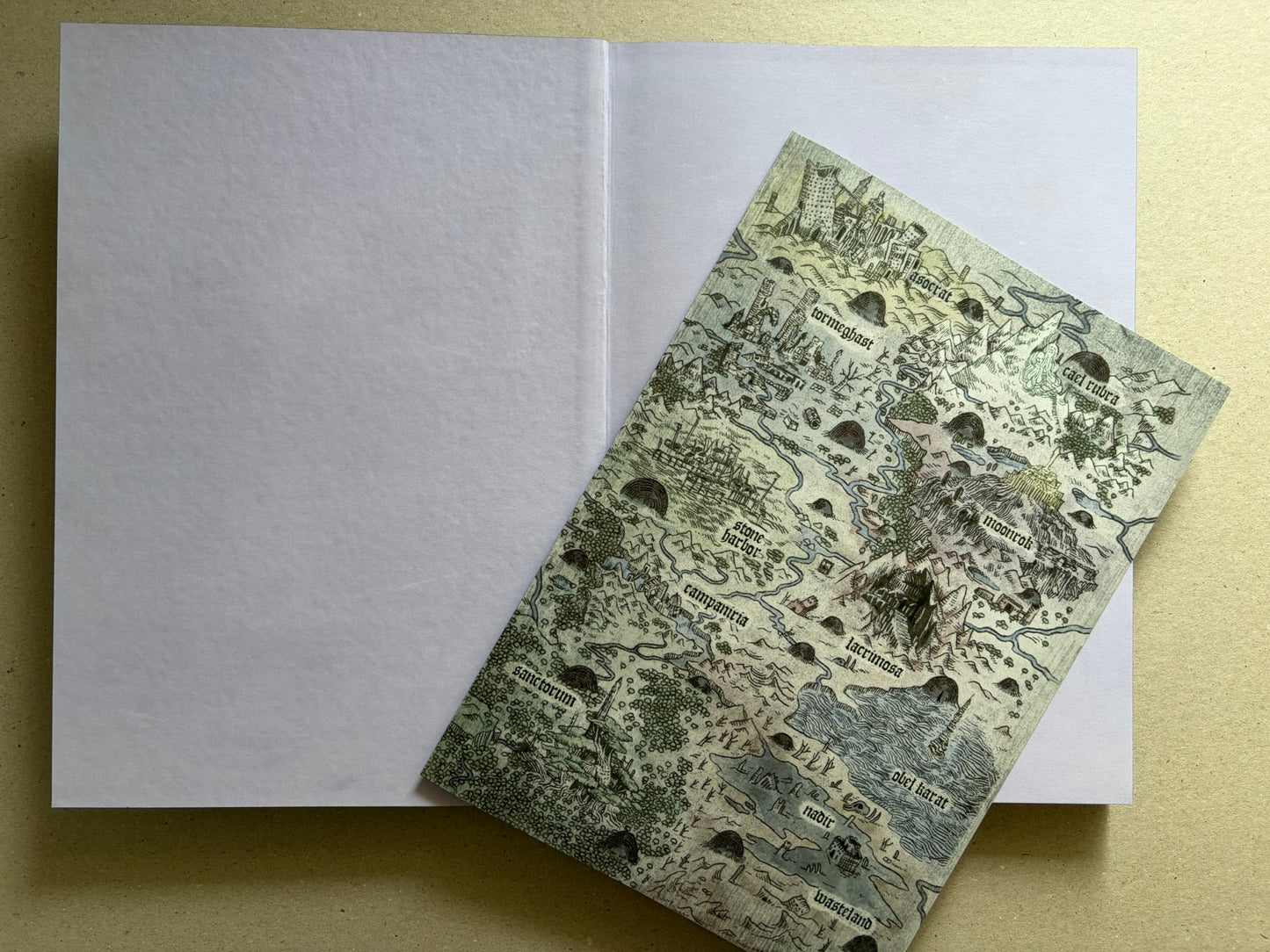 Open spread with a folded map insert resting on the endpaper