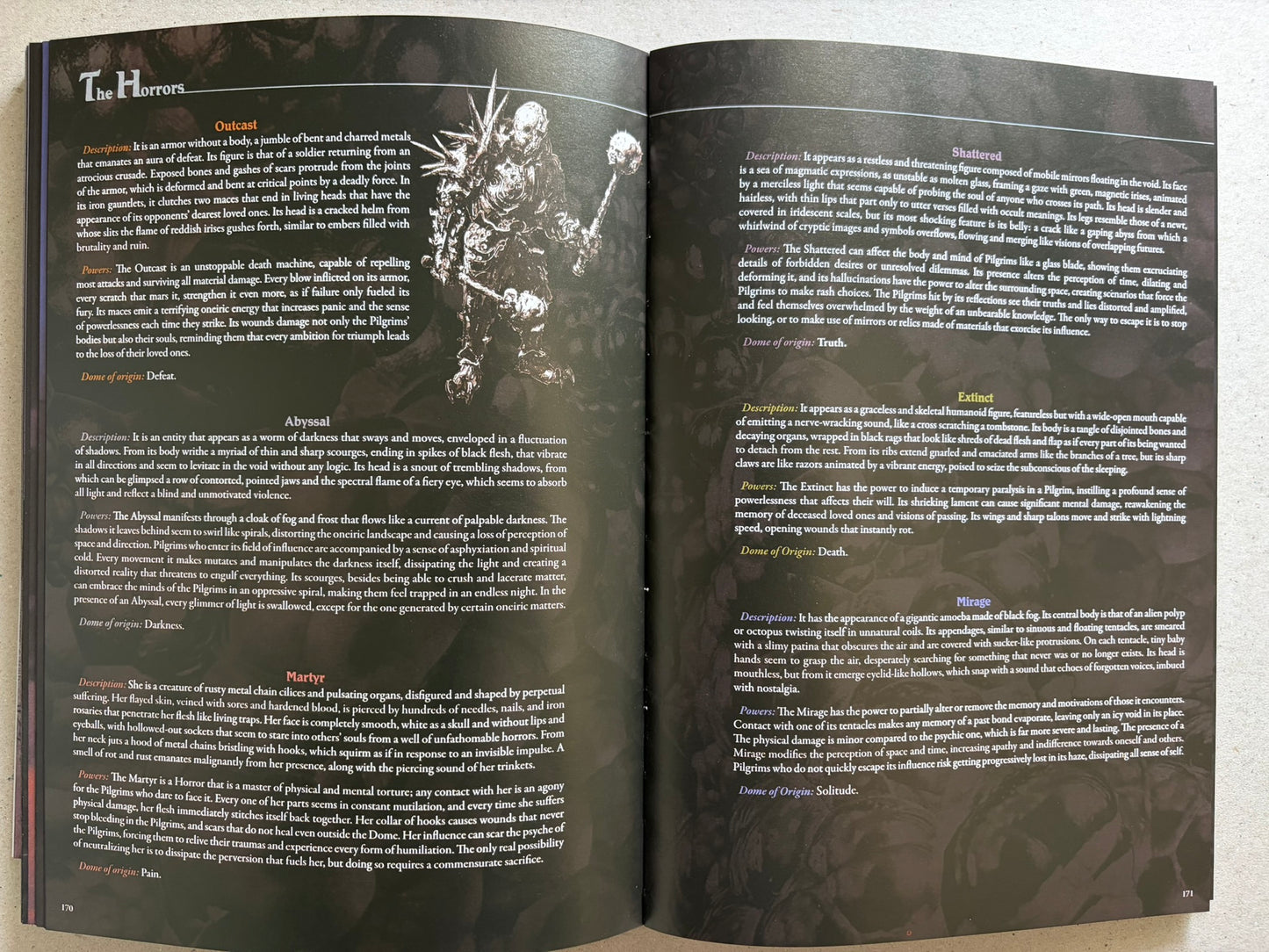 Open spread of horror entries, including Outcast, Abyssal, Martyr, Shattered, Extinct, Mirage, Halfmorph, and Limbo