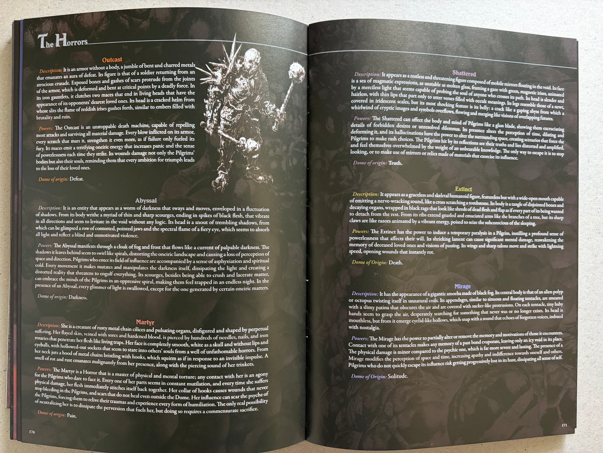 Open spread of horror entries, including Outcast, Abyssal, Martyr, Shattered, Extinct, Mirage, Halfmorph, and Limbo