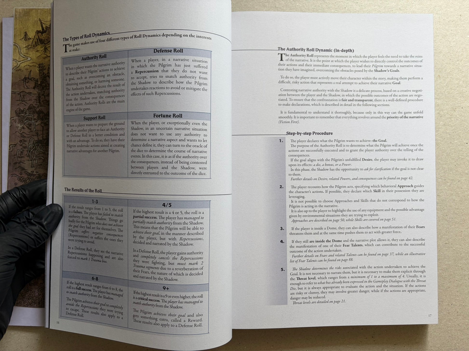 Open spread showing a roll-dynamics rules table and step-by-step procedure text