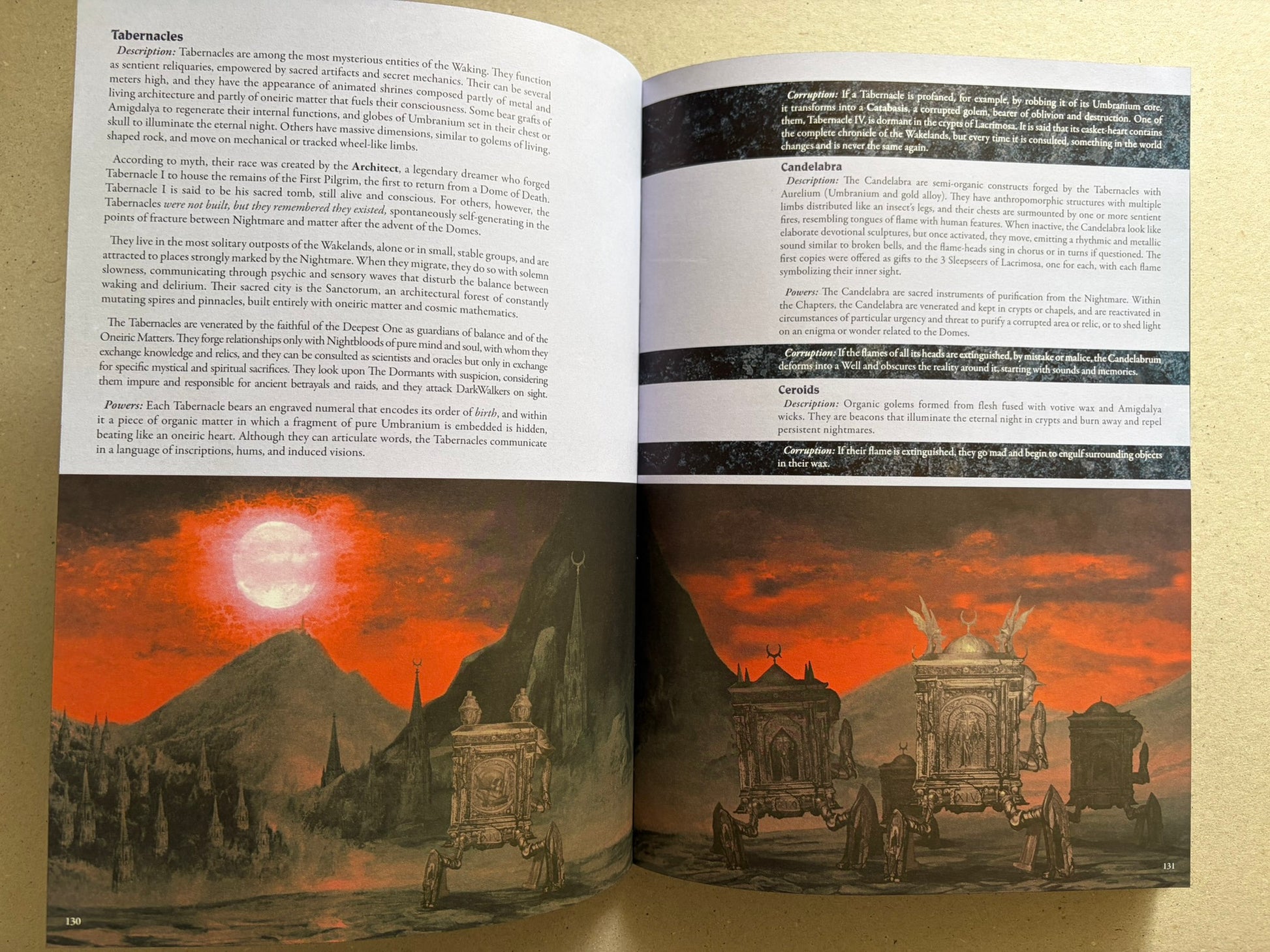 Open spread on Tabernacles and Candelabra, with a red sky landscape illustration across the bottom