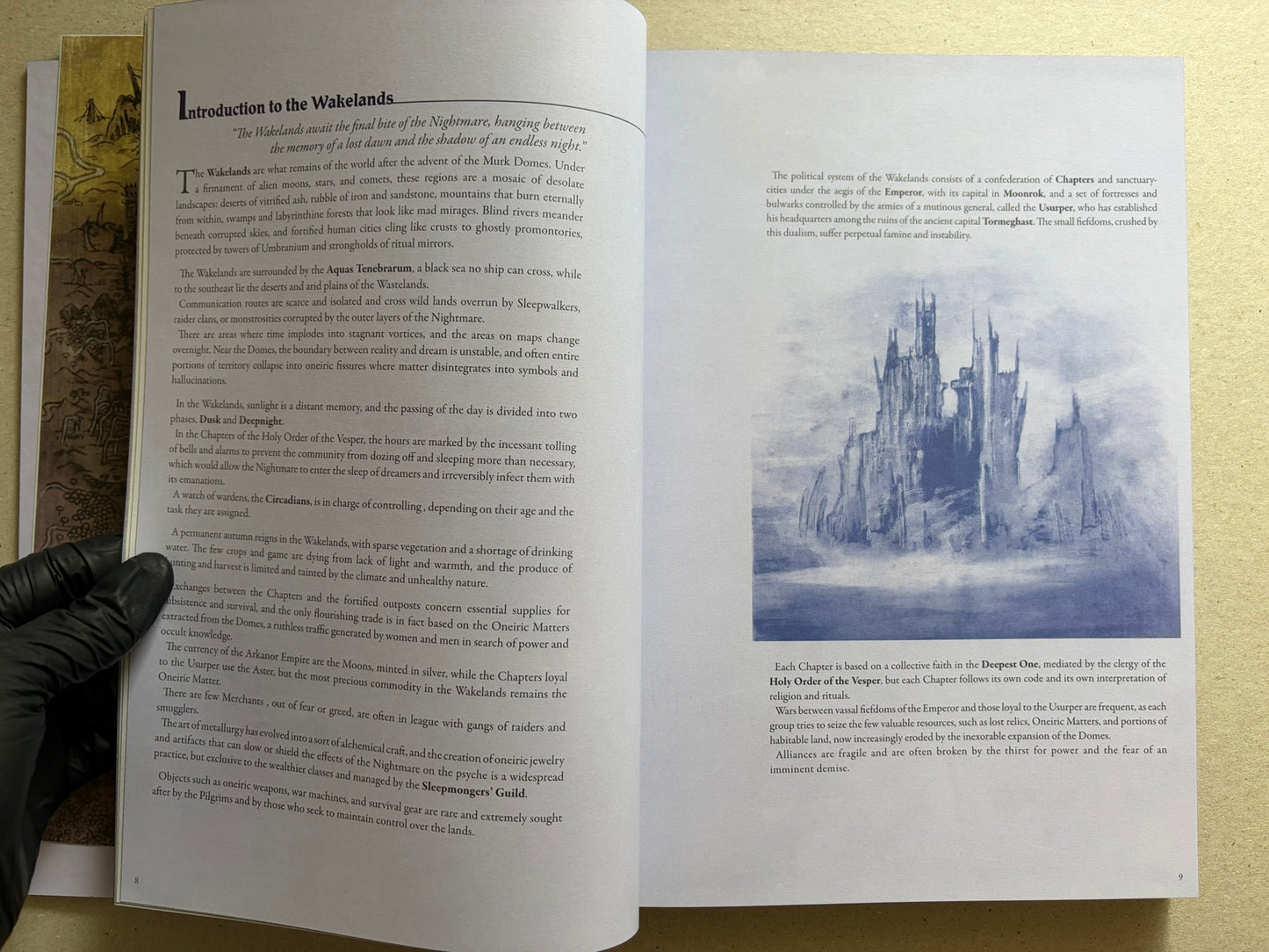 Open spread titled Introduction to the Wakelands, with text on the left and a pale blue illustration on the right