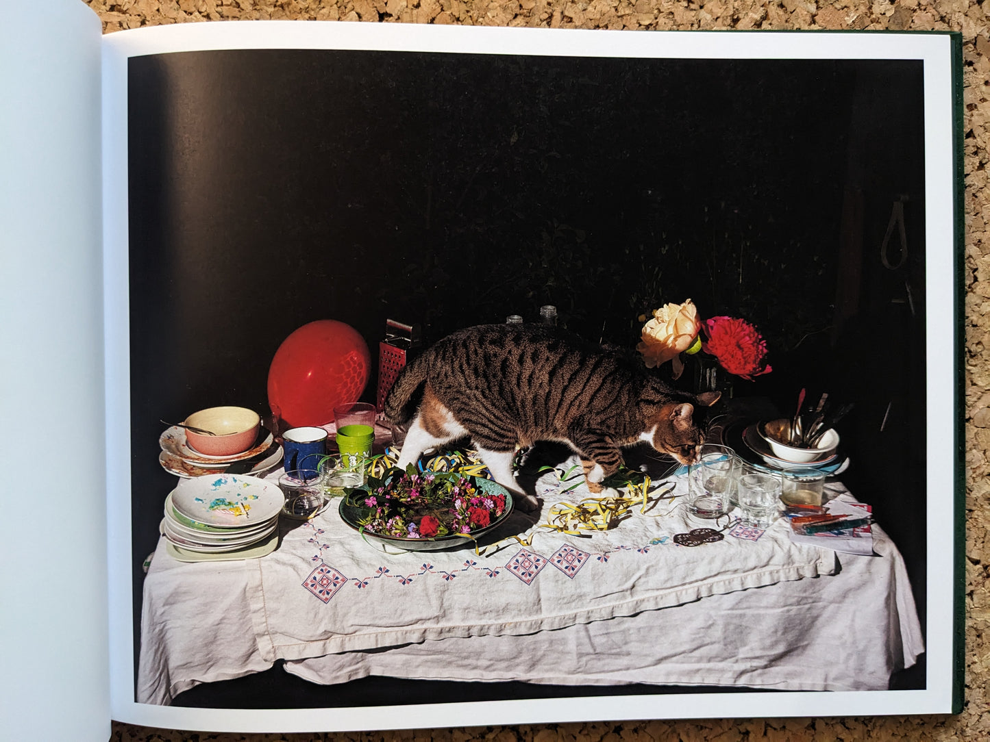 Plates I-XXXI by Lia Darjes, cat walking across a cluttered table with dishes, glasses, and streamers, photographed at night.