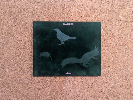 Front cover of Plates I-XXXI by Lia Darjes, green textured cover with silhouettes of a bird, squirrel, and mouse.