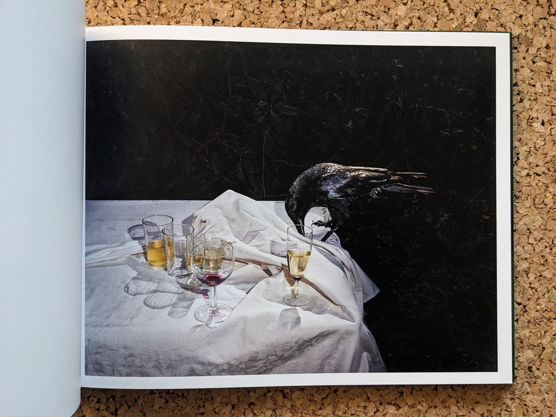 Plates I-XXXI by Lia Darjes, crow drinking from a champagne flute beside other glasses on a white tablecloth.