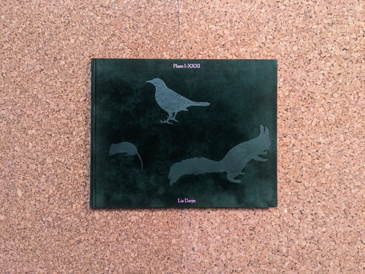 Cover of Plates I-XXXI by Lia Darjes, green textured cover with silhouettes of a bird, squirrel, and mouse.