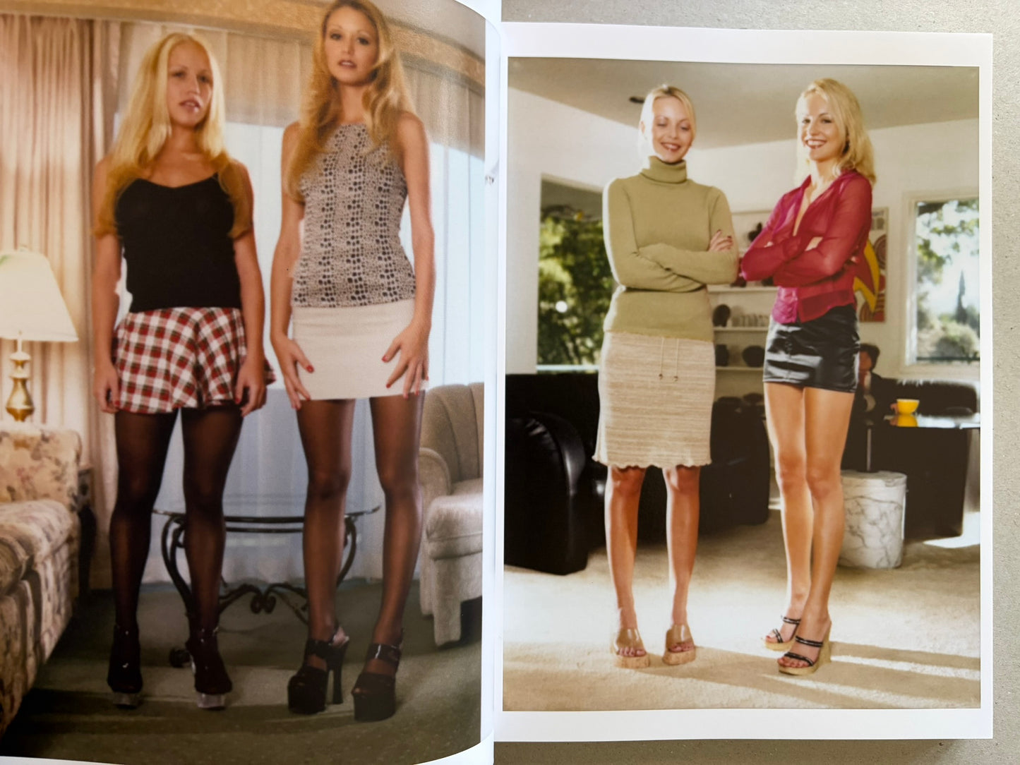 Open spread from Polaroids with two colour photographs of blonde women standing indoors.