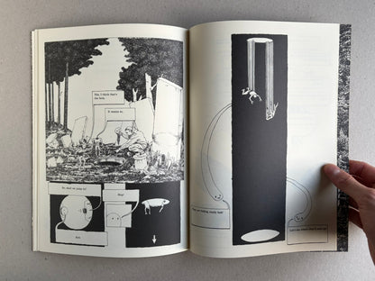 Postapoland interior spread showing a sequence of comic panels with figures, a head-shaped character, and speech balloons.