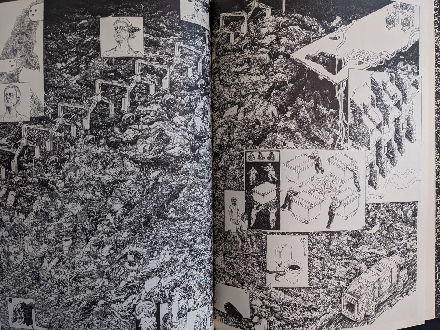 Postapoland interior spread showing a dense post-apocalyptic landscape with grotesque ruins and figures