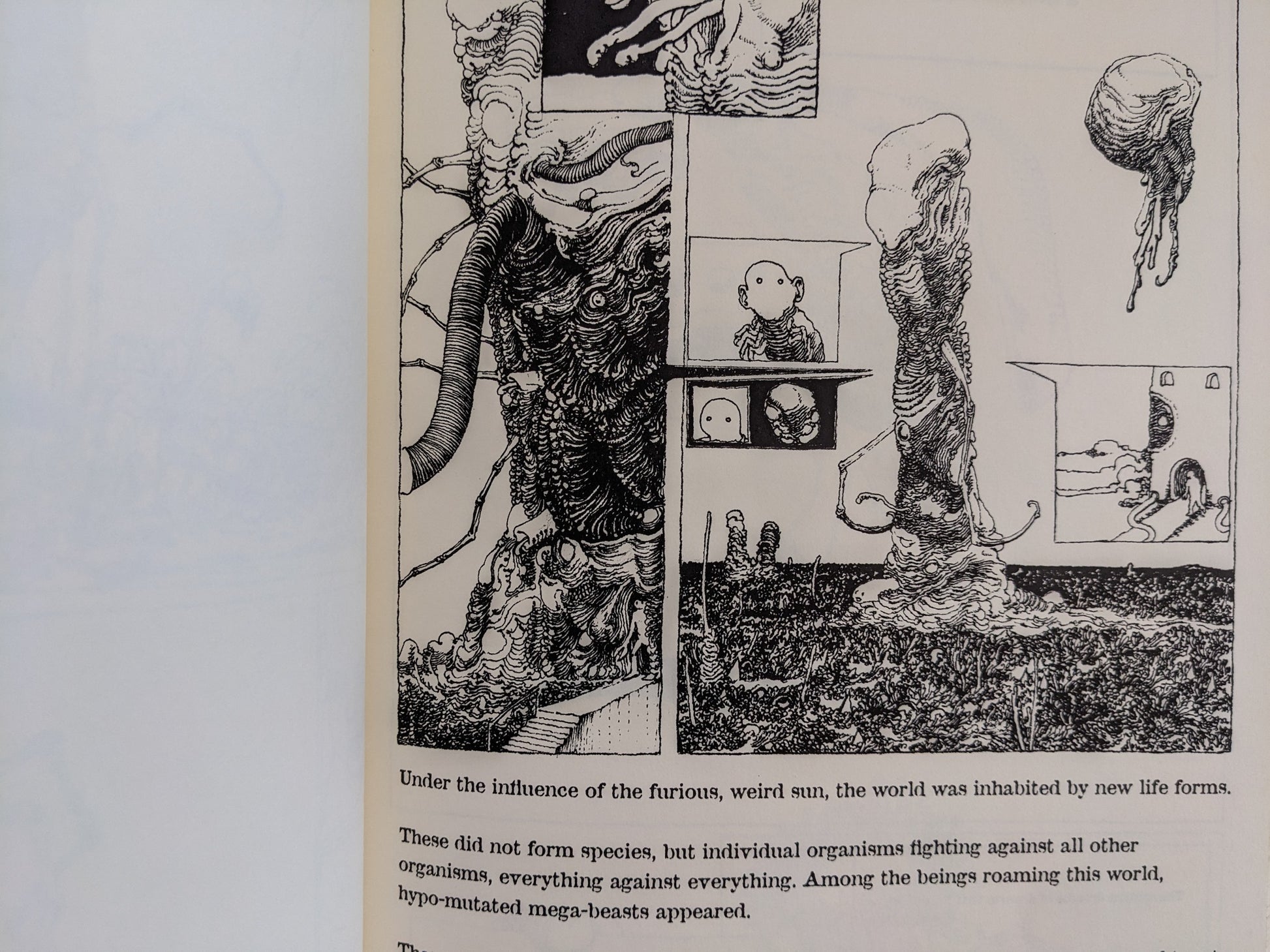 Postapoland interior spread with mutated beings gathered beneath a strange sun