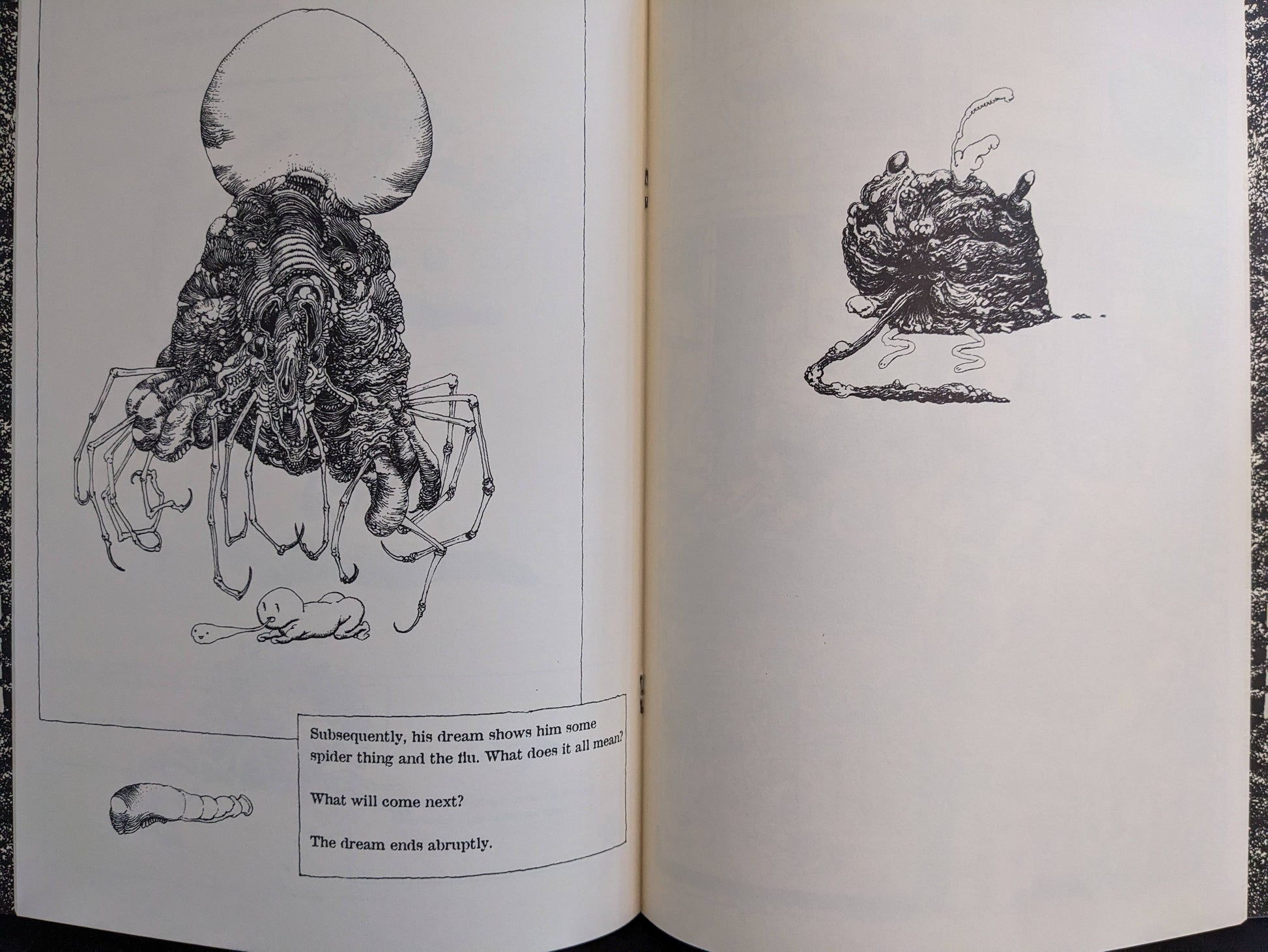 Postapoland interior spread with a spider-like mutant, a blob creature, and narrative text