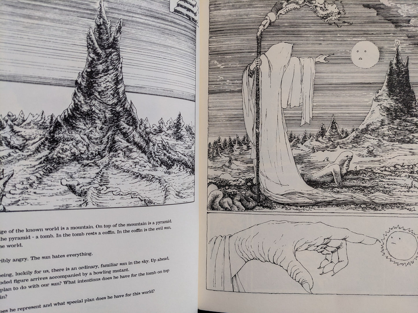 Postapoland interior spread with a robed figure, a strange sun, and mountain scenes