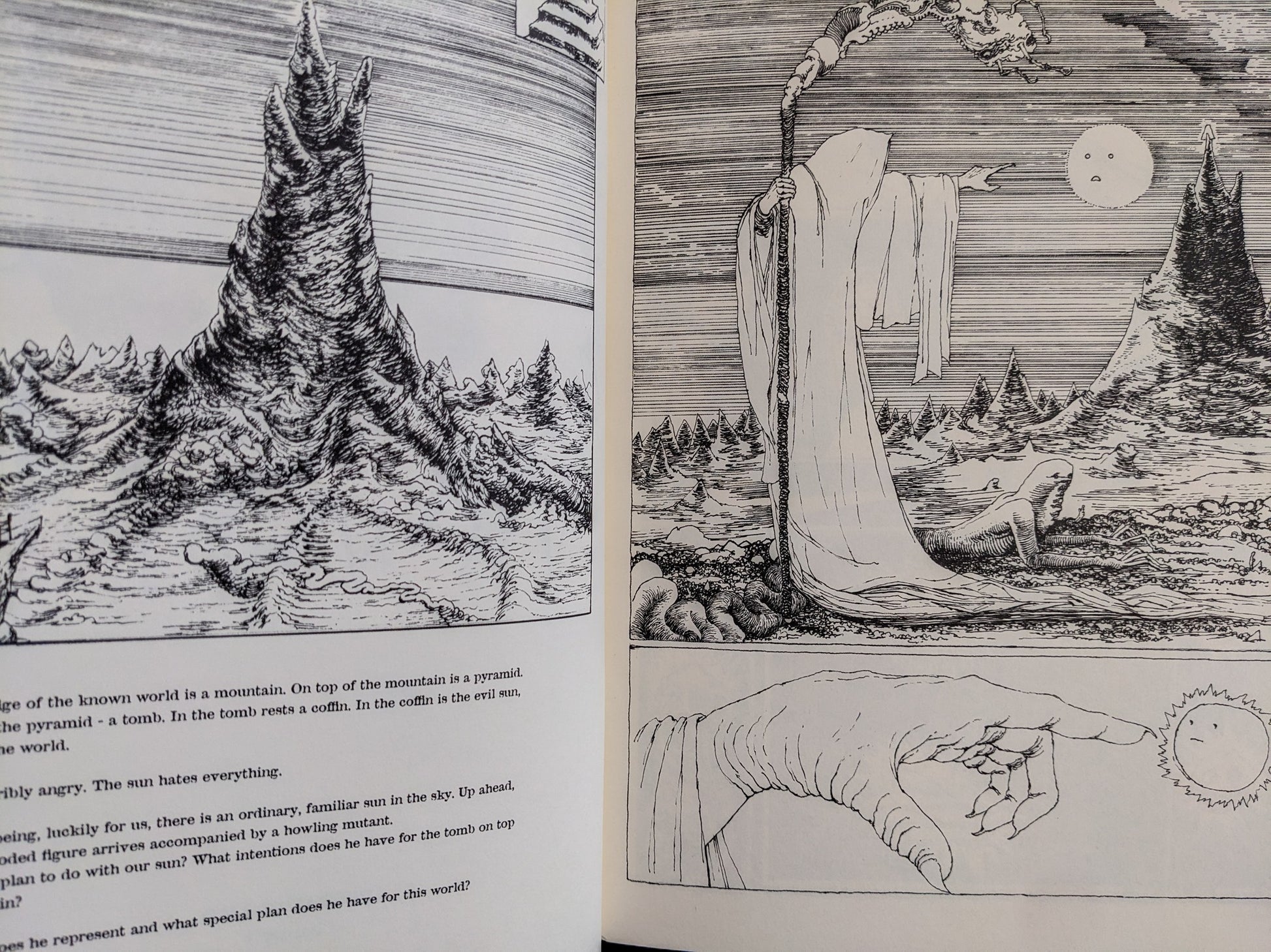 Postapoland interior spread with a robed figure, a strange sun, and mountain scenes