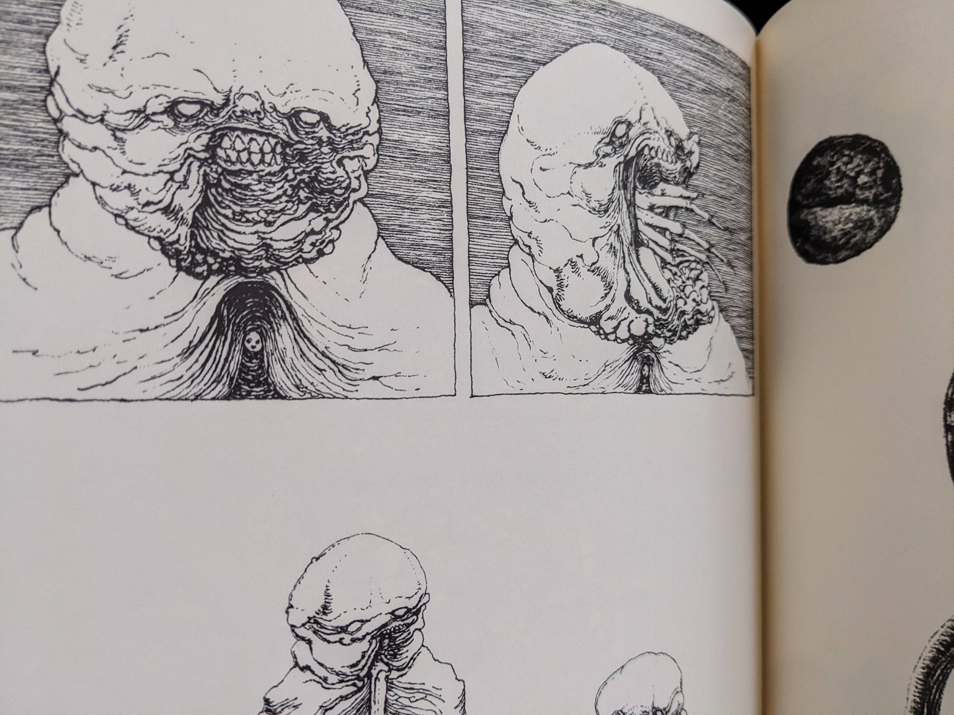 Postapoland interior spread with close-up drawings of monstrous blob-like figures