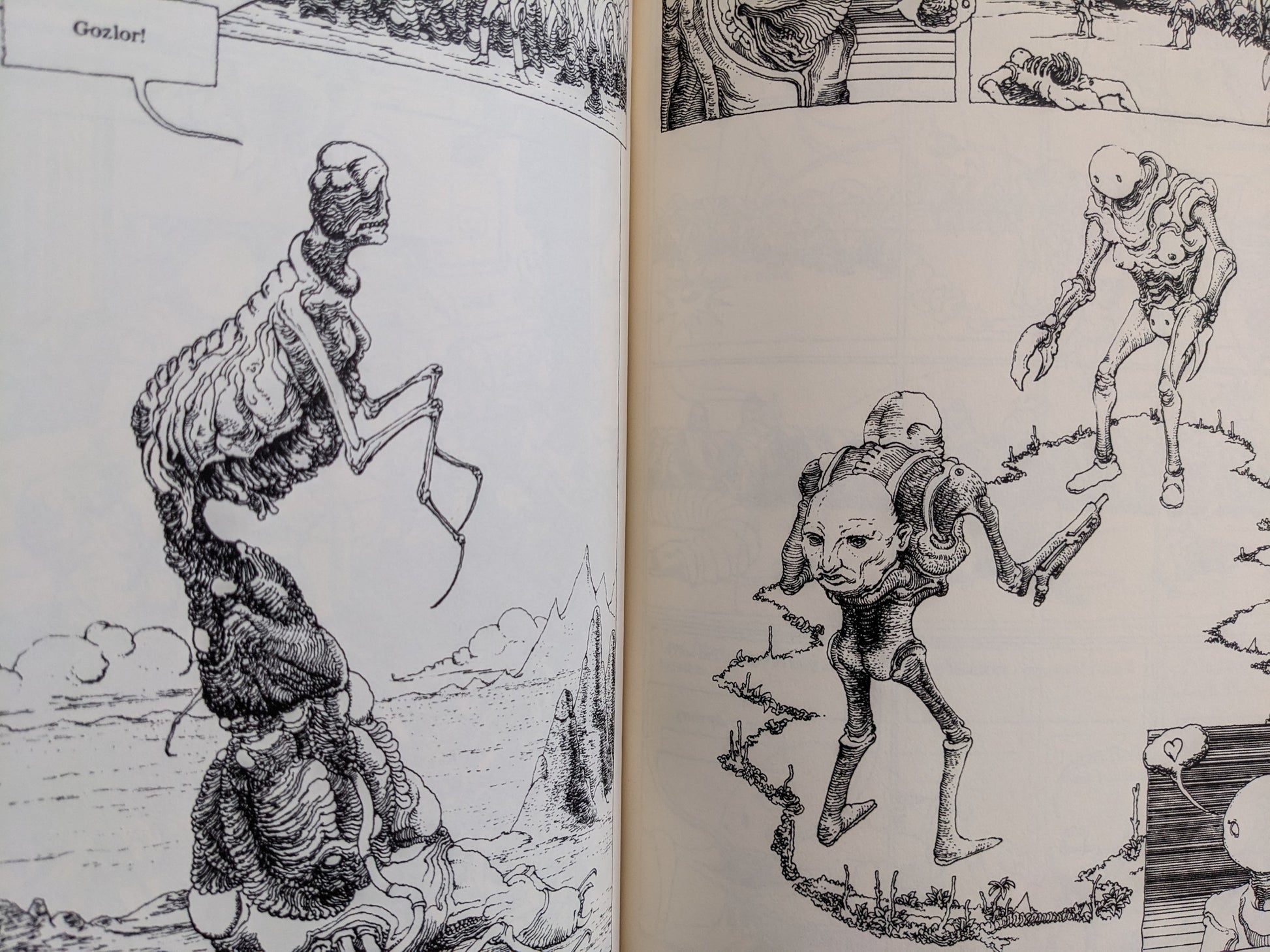 Postapoland interior spread with two mutated humanoid figures in combat