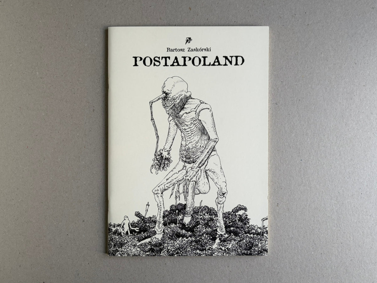 Postapoland front cover with Bartosz Zaskòrski’s name, the title, and a tall grotesque figure standing over dense ground cover.