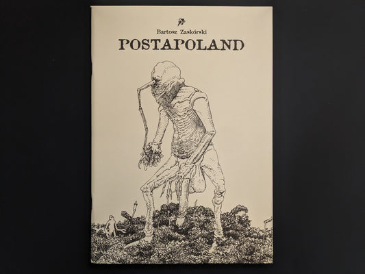 Cover of Postapoland by Bartosz Zaskòrski featuring a black-and-white line drawing of a grotesque humanoid mutant.