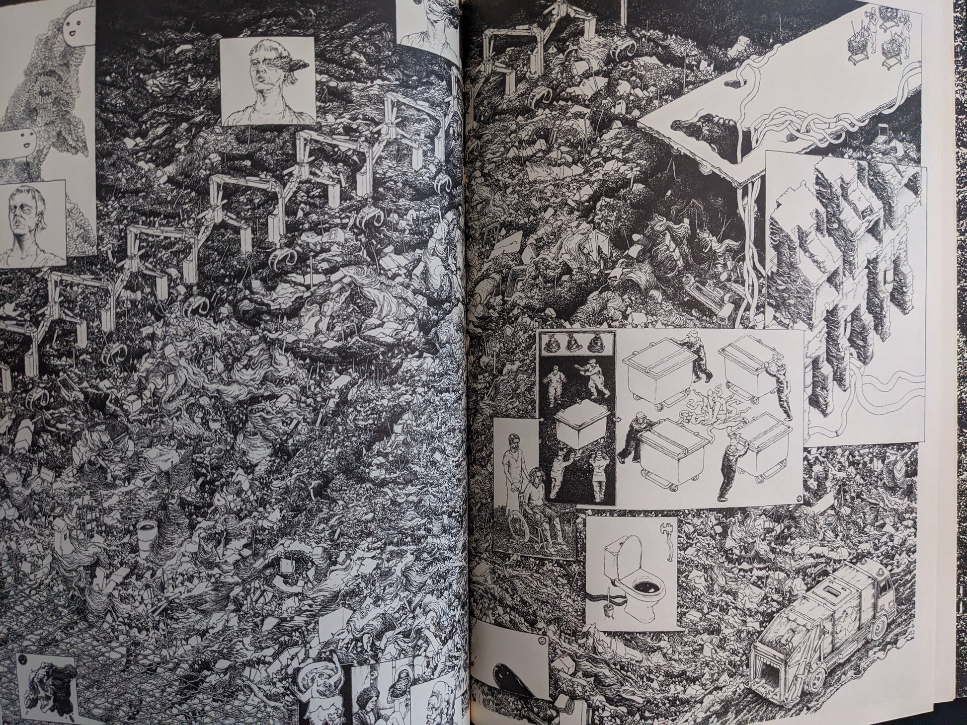 Highly detailed isometric drawing of a post-apocalyptic landscape filled with grotesque ruins and figures.