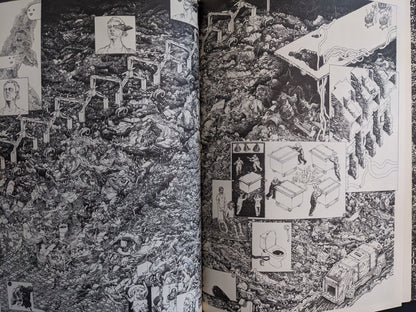Highly detailed isometric drawing of a post-apocalyptic landscape filled with grotesque ruins and figures.