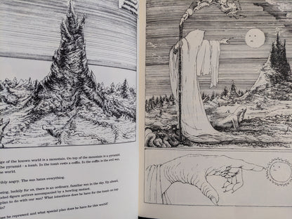 Scene showing a robed figure pointing at the sun atop a mountain in a mythic apocalyptic landscape.
