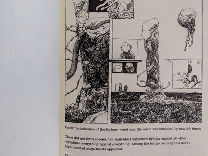 Illustration of strange mutated beings populating the earth under the influence of a weird sun.