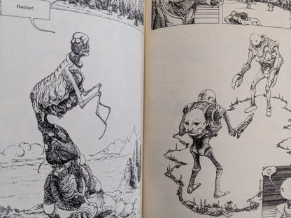 Black-and-white comic page showing two mutated humanoid figures locked in battle.