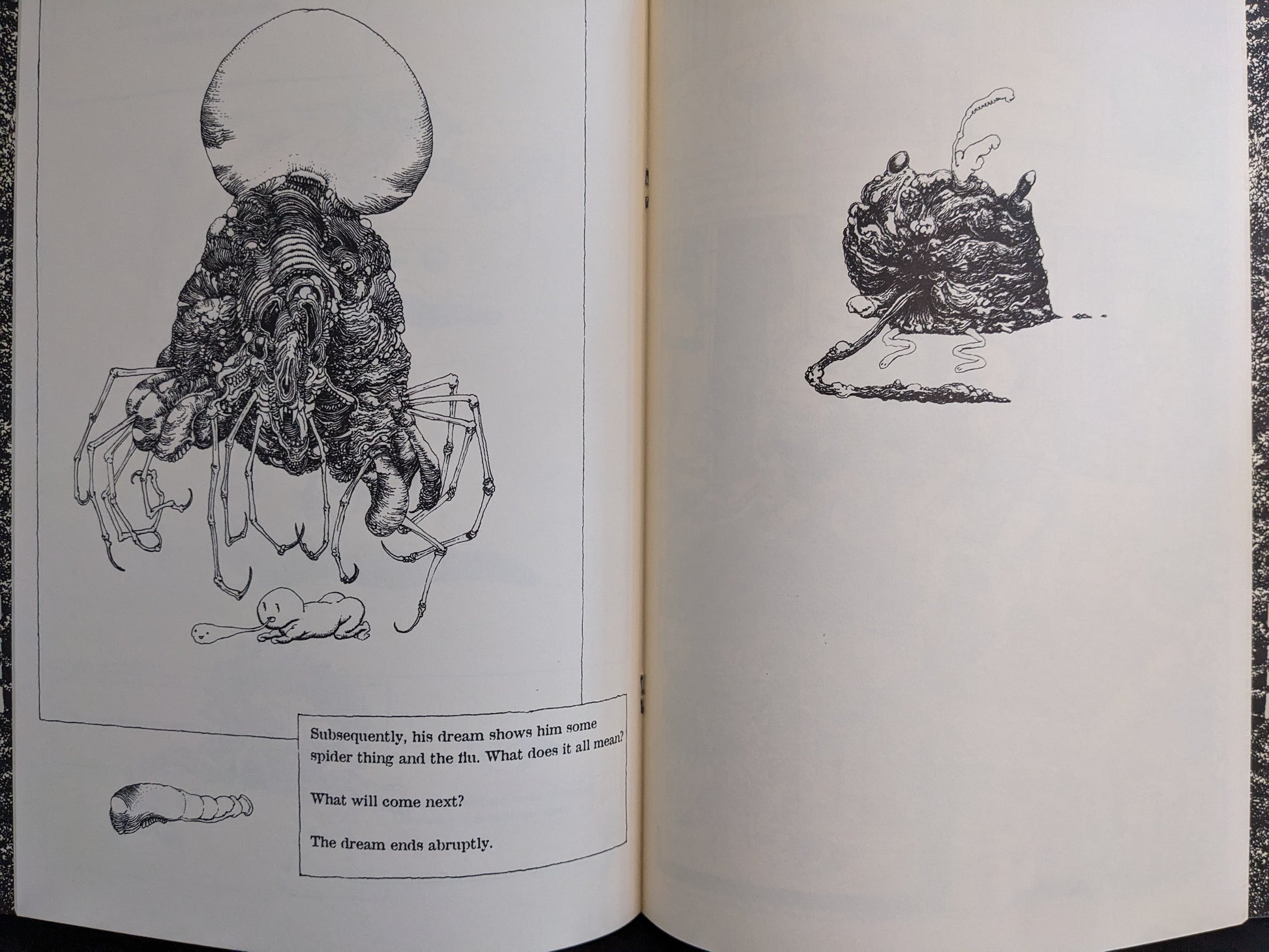 Interior spread with a spider-like mutant, a blob creature, and narrative text.