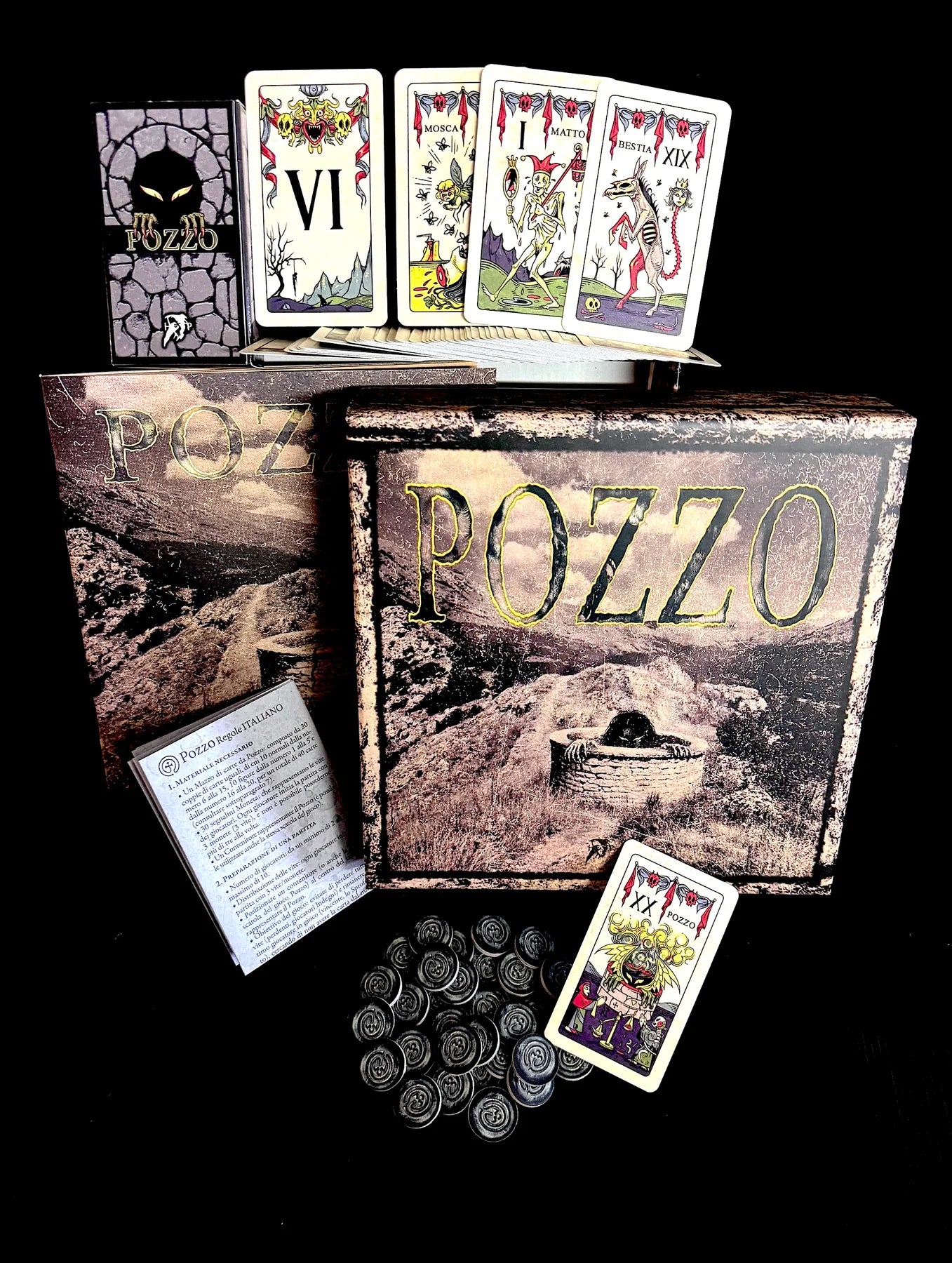 Complete display of POZZO board game regular edition with cards, tokens, and box.