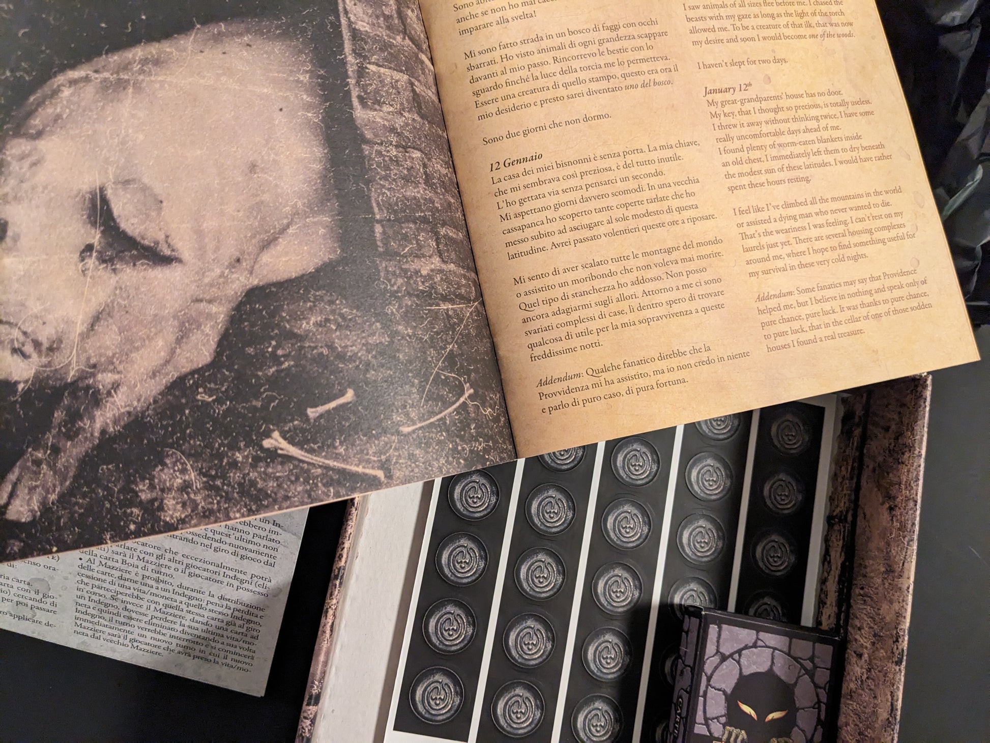 Inner page of the POZZO lore booklet with surreal horror artwork and text.