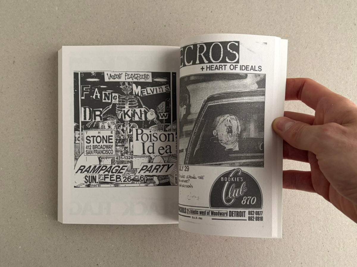 Open punk flyers book showing black-and-white flyer pages with cut-out text, a figure in a dress, and a car interior image.