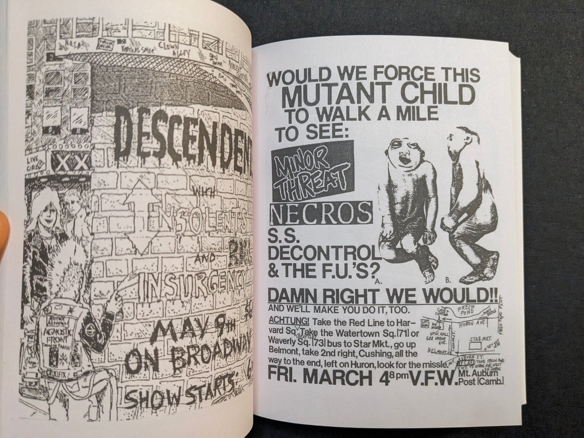 Interior spread from Punk Flyers featuring a Descendents-related flyer and a bold show poster with illustrated figures.