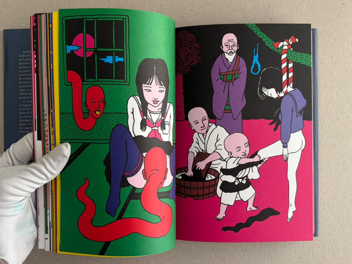 Rêve écarlate by Toshio Saeki open to a green-and-pink spread with several illustrated figures in an interior scene.