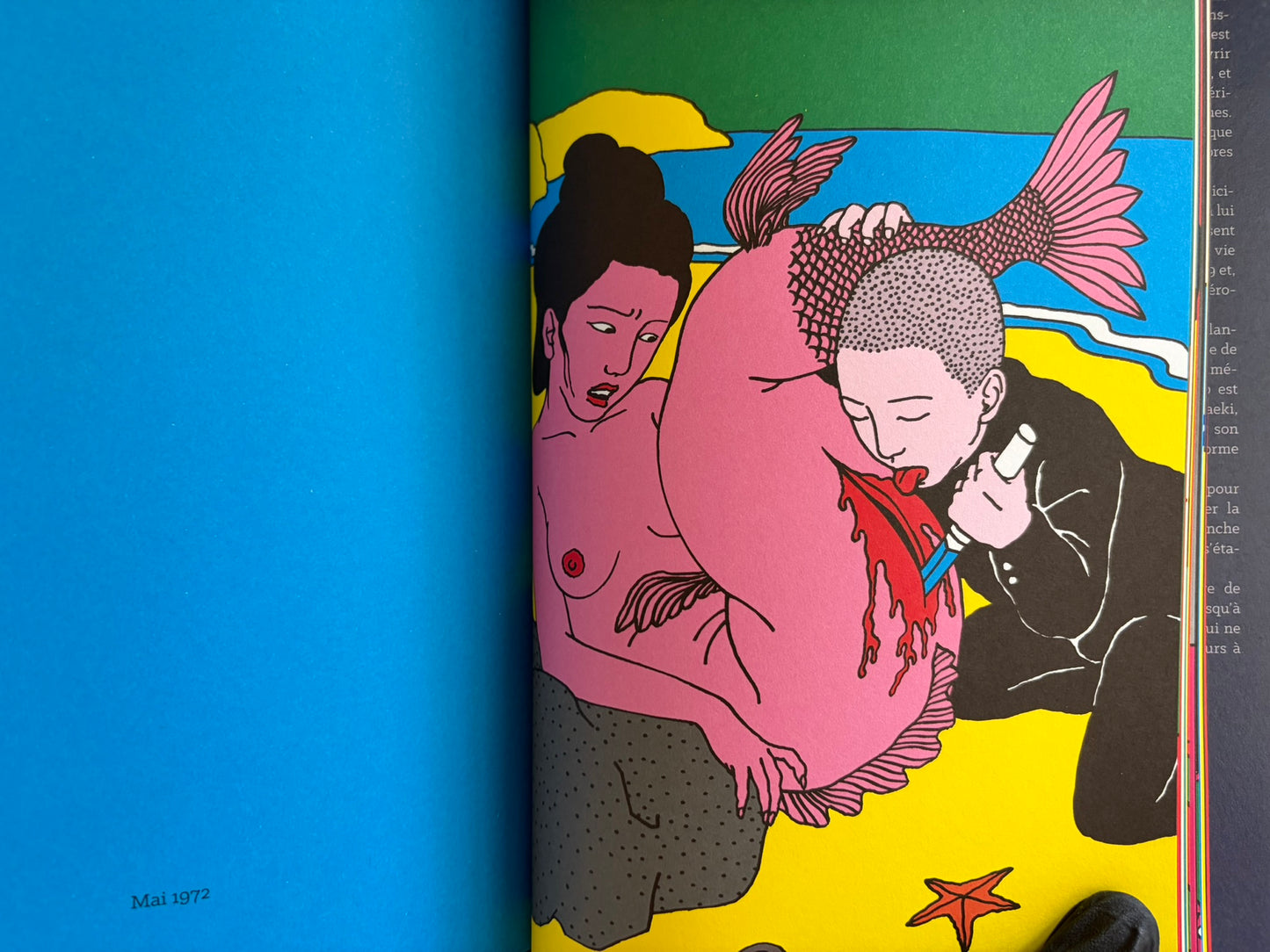 Interior spread from Rêve écarlate with a reclining figure, a man with a magnifying glass, and small flags