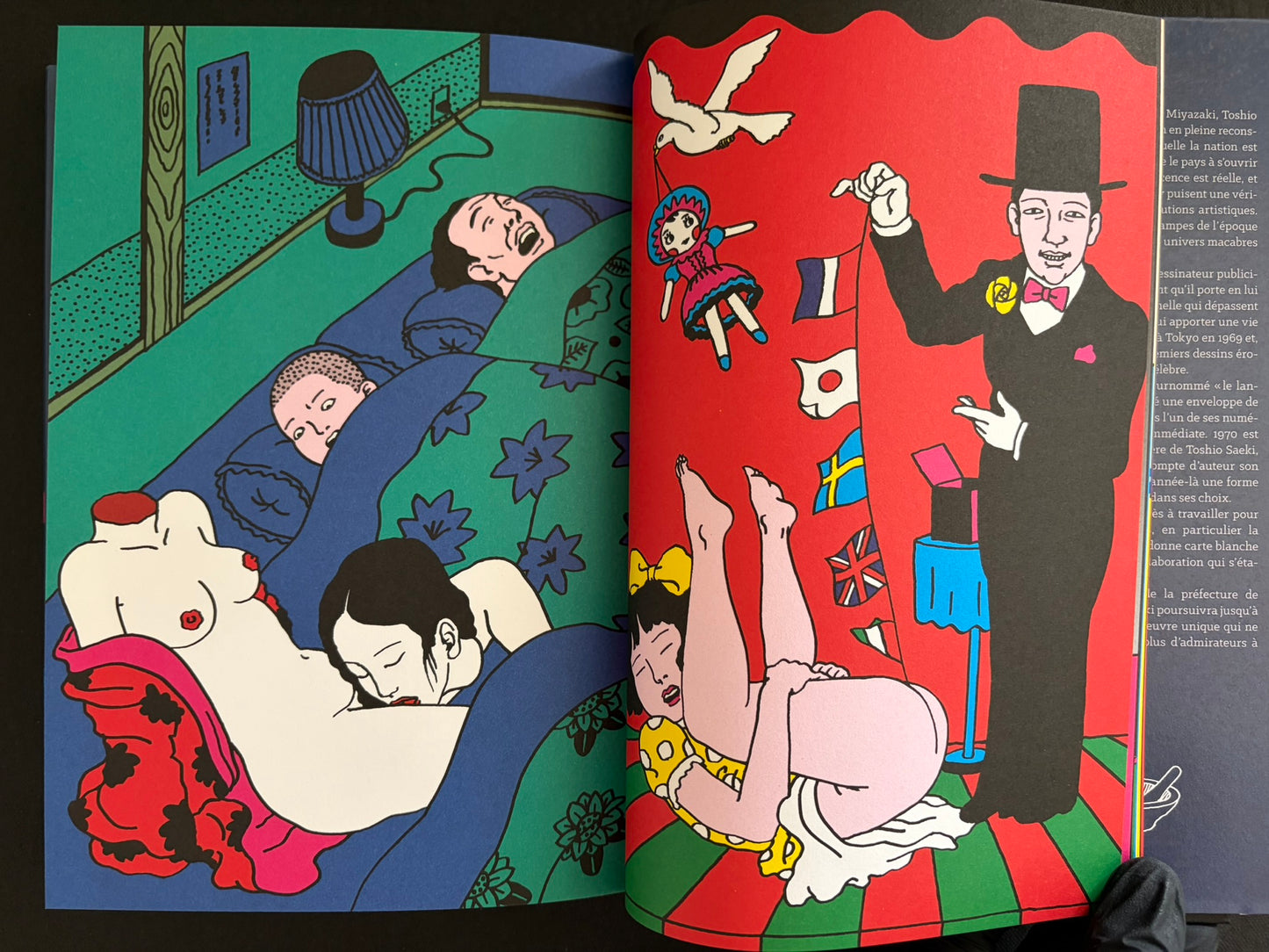 Interior spread from Rêve écarlate with a bedroom scene and a figure in a top hat