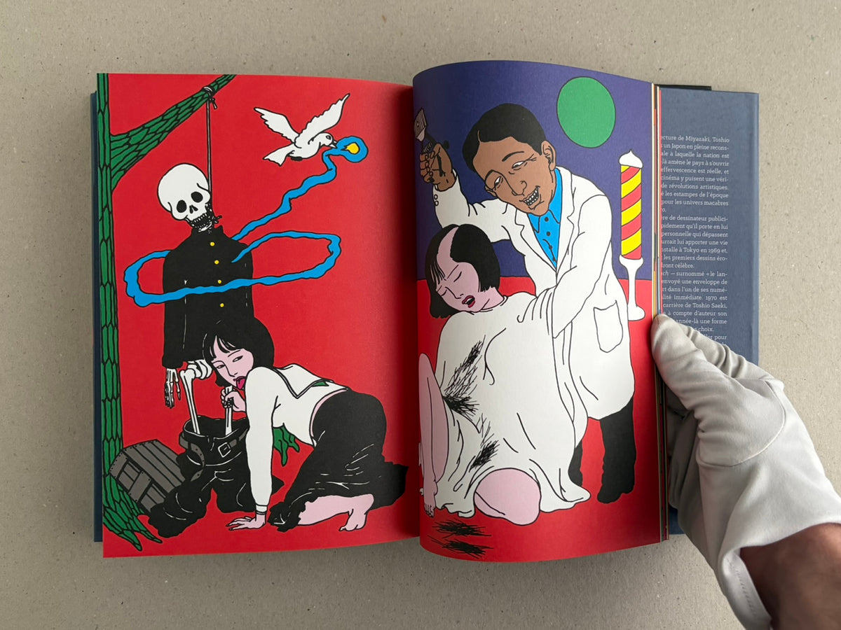 Rêve écarlate by Toshio Saeki open to a red spread with a skeleton figure and a seated figure playing a stringed instrument.