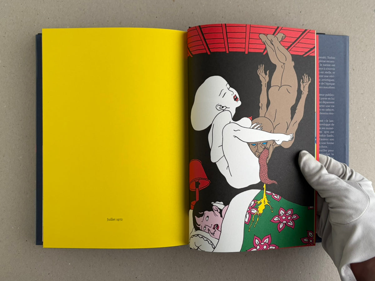 Rêve écarlate by Toshio Saeki open to a yellow page dated July 1972 and an illustrated scene on the right.