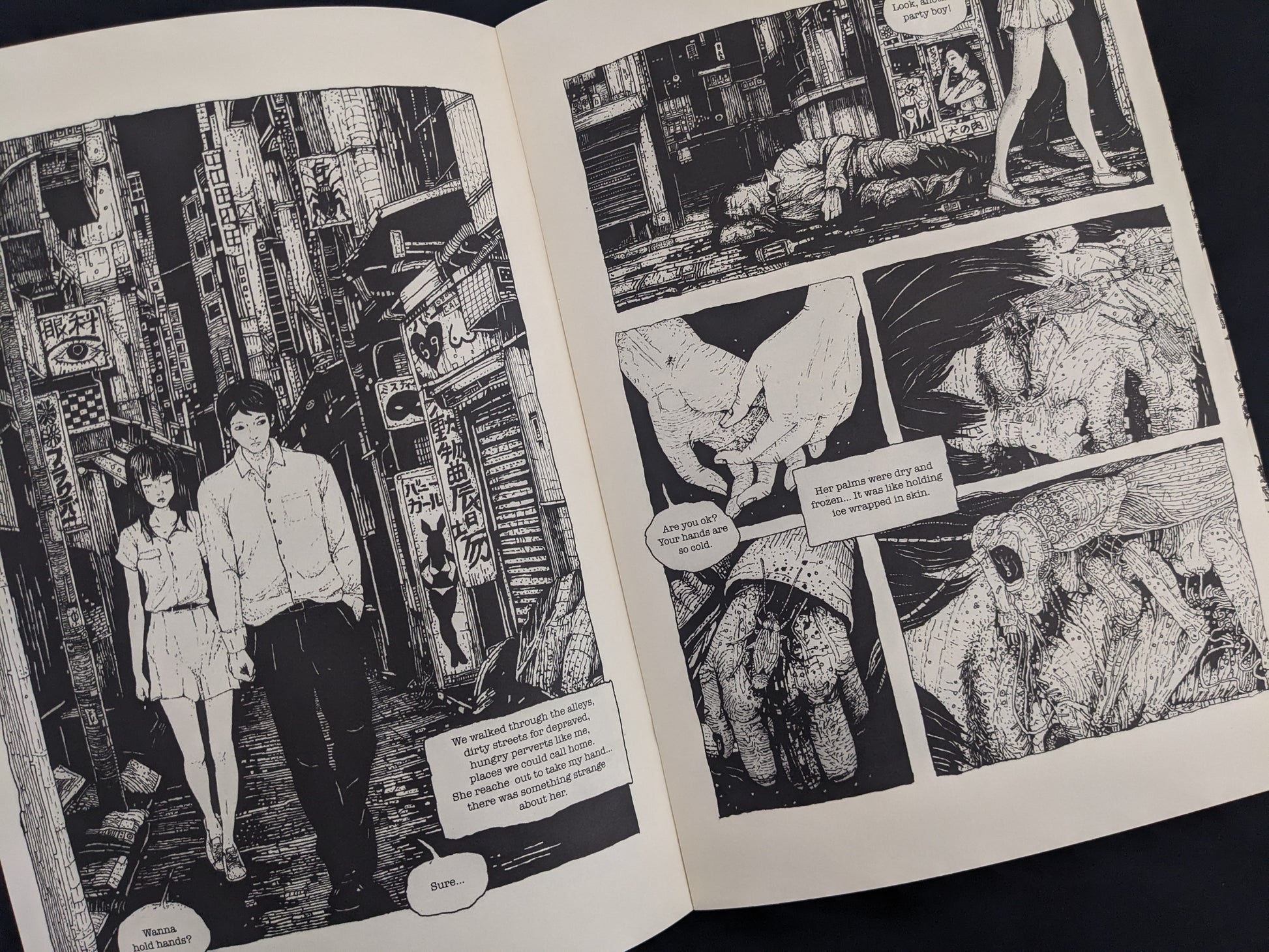 Interior page of Rattling City #1 showing couple walking through city alley and mysterious events