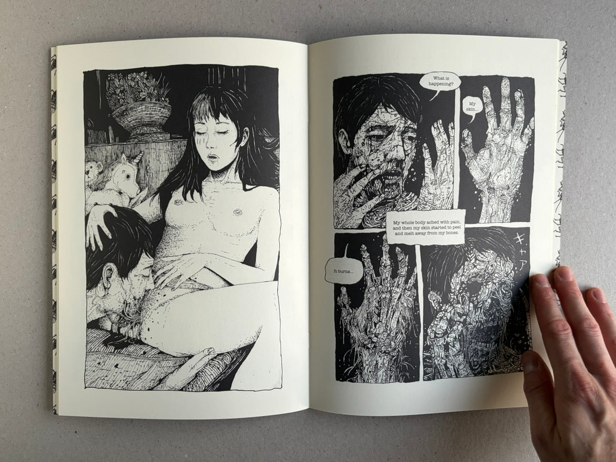 Open spread from Rattling City #1: Something in Skin by Demitri Vassiliadis, showing black-and-white comic panels with figures and close-up body imagery.