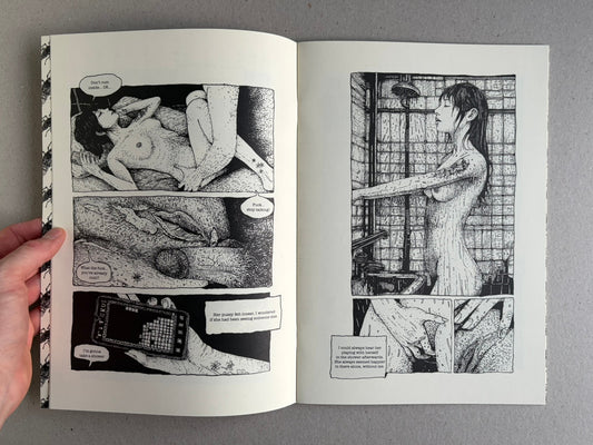 Open comic book spread from Rattling City #1: Something in Skin by Demitri Vassiliadis, showing black-and-white interior panels with explicit sexual imagery and dialogue.