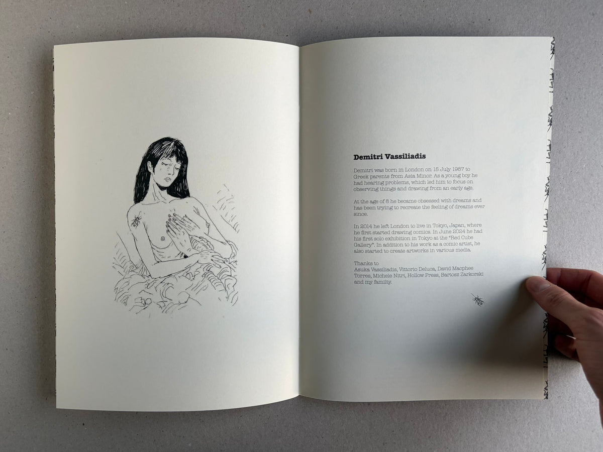 Open book spread from Rattling City #1: Something in Skin by Demitri Vassiliadis, with a line drawing on the left page and an artist text page on the right.