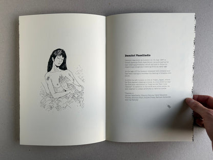 Open book spread from Rattling City #1: Something in Skin by Demitri Vassiliadis, with a line drawing on the left page and an artist text page on the right.