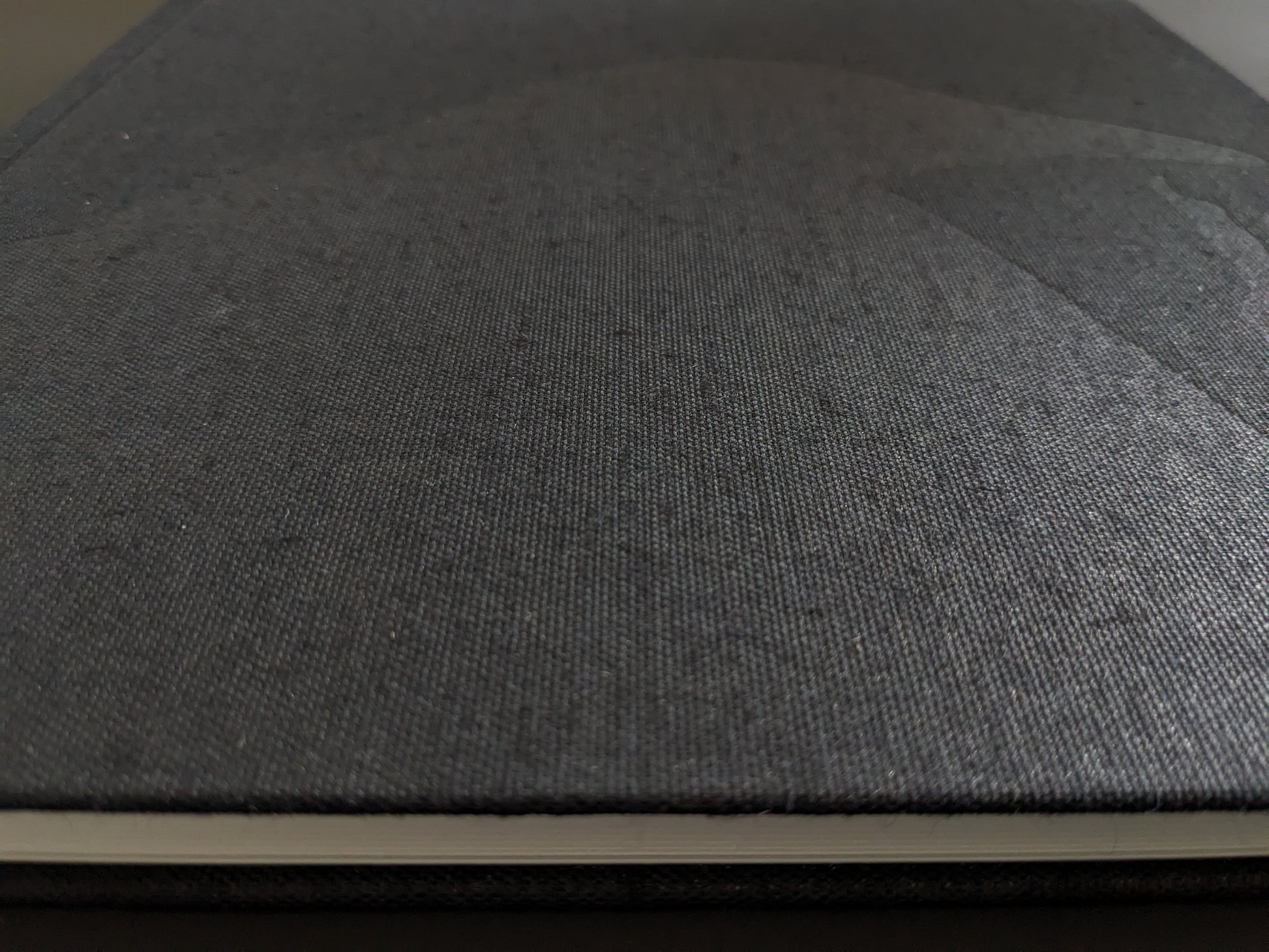 Close-up of the black linen hardcover of Ravens showing an embossed raven silhouette.