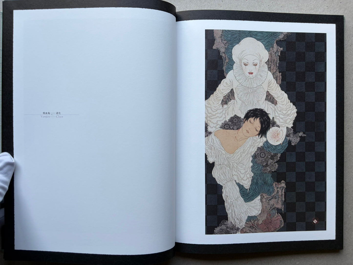 Rib of a Hermaphrodite by Takato Yamamoto, interior spread. The artwork depicts a white-clad figure over a reclining figure against a dark checkered background.