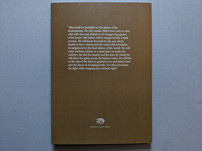 Back cover of Sacra with a prophetic passage in white text on a brown background
