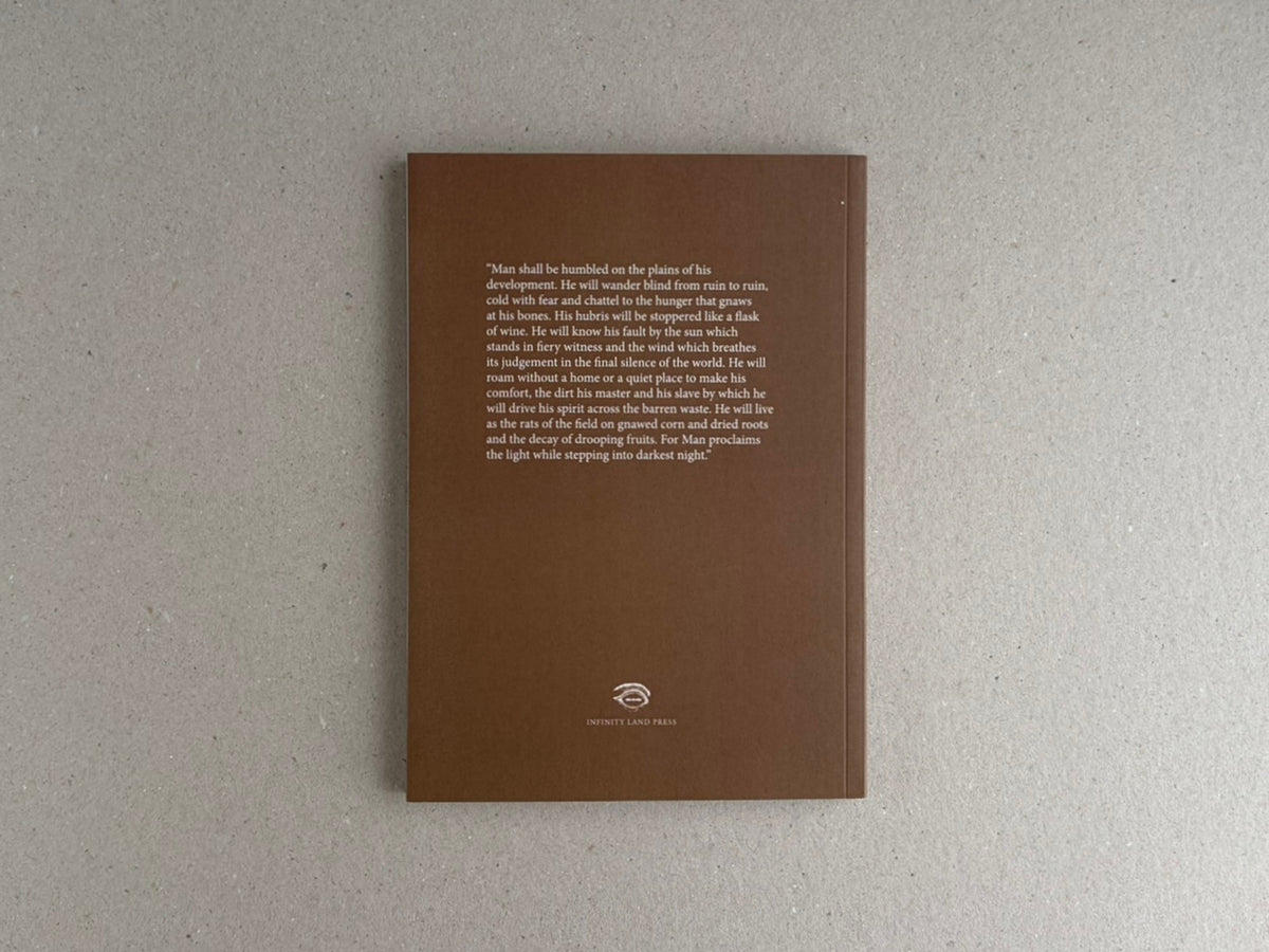 Back cover of Sacra by Sean M. Huber, brown softbound chapbook with a centered block of text and Infinity Land Press logo near the bottom.