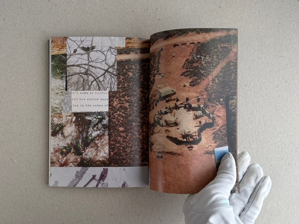 Open copy of Sacra by Sean M. Huber showing a collage-style interior spread, held at the lower right by a white-gloved hand.