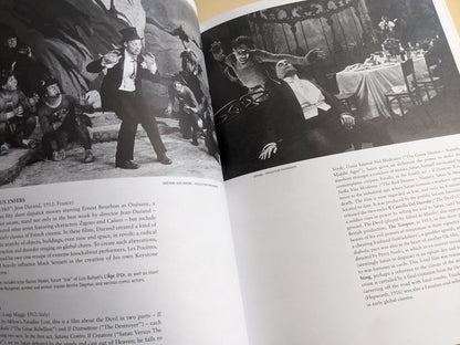 Pages from 'Satanic Shadows' showing iconic images of devils and hellish tableaux in vintage film stills.